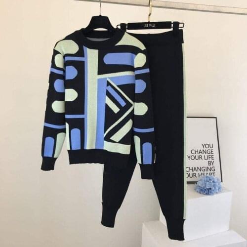 European Knitted Tracksuit Womens Autumn Camouflage Pattern Knitted Pullover + Pencil Pants 2 Piece Set Knit Sweatshirts Suits