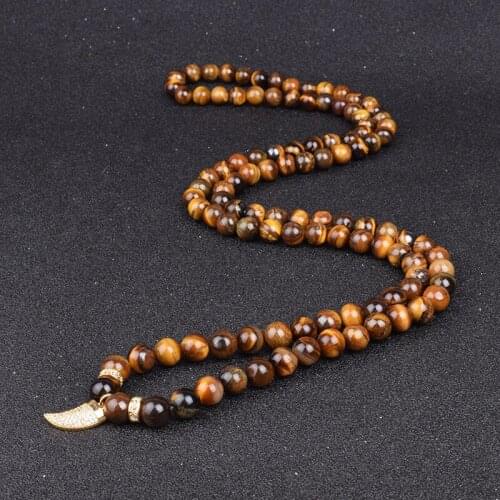 108 Mala White Turquoise Tiger Eye Women Necklaces Handmade Horns Crystal Healing Men Lovers Necklaces Yoga Charm Jewelry Gift