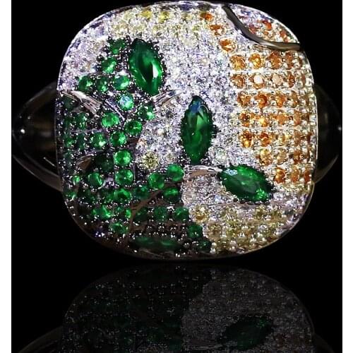 2021 New Unique Black Gold Womens Ring Color Full Zircon Ring Jewelry 925 Silver Womens Ring Exaggerated Plant Ring