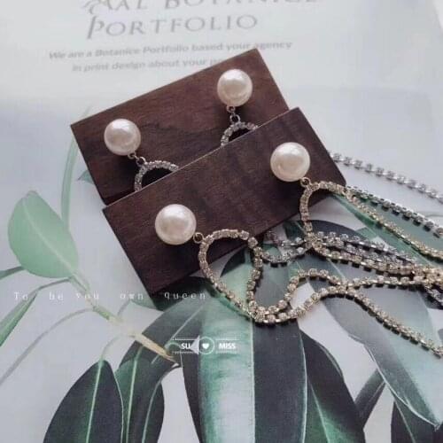 Free Shipping Trendy Drop Earrings Shining Rhinestone with Simulated Pearl Jewelry Crystal Long Chain Brincos for Girls