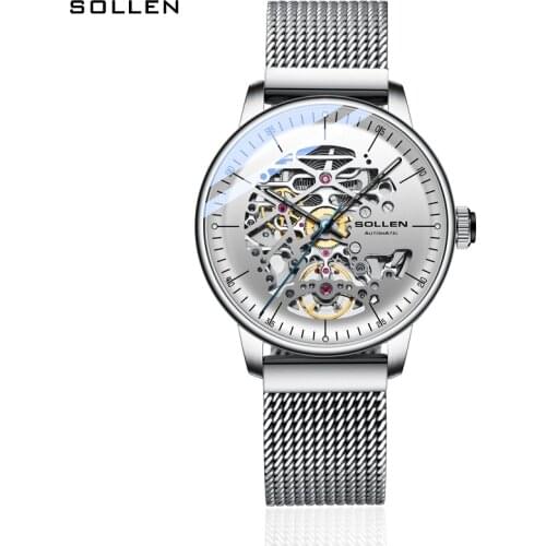 Original SOLLEN Watch Automatic Mechanical Watch Mens Curved Hollow Authentic Leather Watch