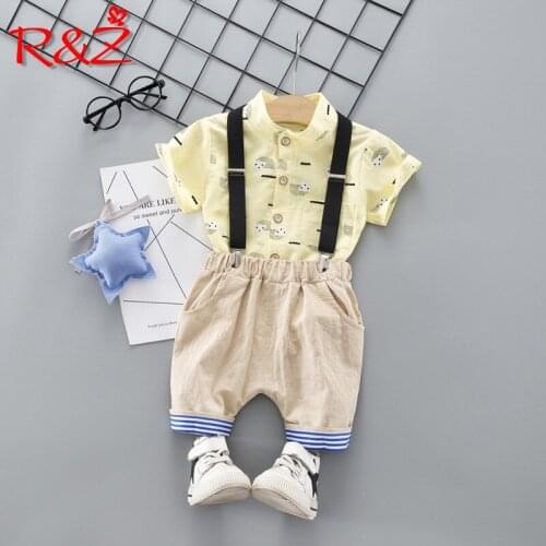 R&Z childrens suit 2019 summer new British wind boy suit printing short-sleeved shirt strap shorts two-piece