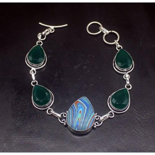 Gemstonefactory Jewelry Big Promotion Single Unique 925 Silver Stripe Jasper Green Agate Lady Women Charm Bracelet 21cm 20213295
