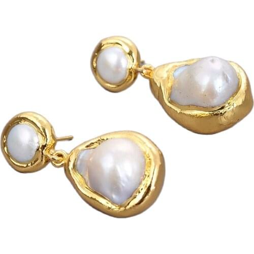 GG Jewelry Natural White Keshi Pearl Gold Color Plated Earrings Classic For Women