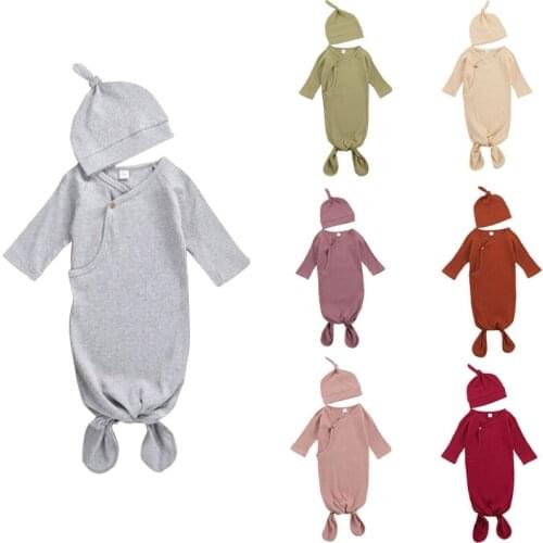 2 Pcs Baby Sleeping Bag+Hat Set Solid Knitted Swaddle Wrap Blanket Sleepsack+Tail Knotted Beanie Cap Kit for Newborn