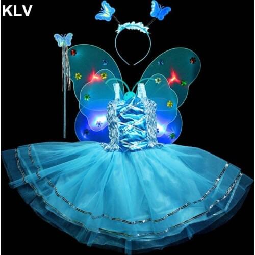 Fairy Costume Set Princess Girls Sleeveless Long Tutu Dress LED Double Layer Butterfly Wings Wand Headband Party Ages 3-10