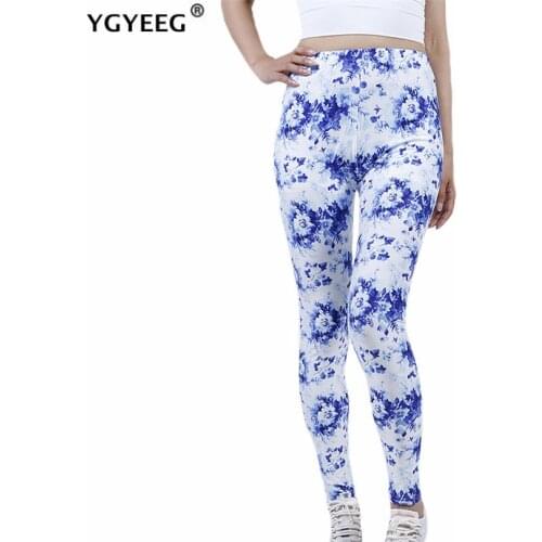 YGYEEG White Blue Floral Leggings Sport Women Fitness Push Up Pants High Waist Workout Running Sportswear Gym Tights Soft Bottom