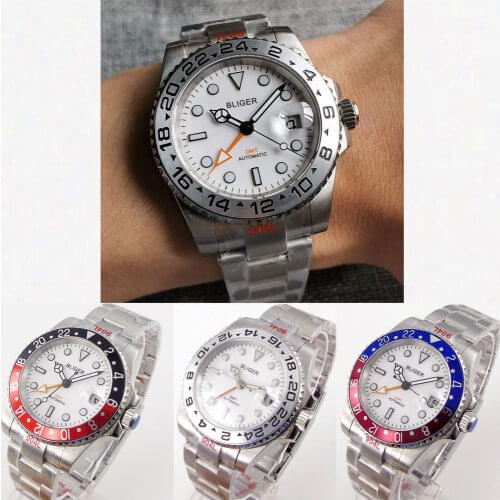 Bliger Mens Automatic Watch GMT Function Sapphire Glass Date Display Rotating Bezel 904L Steel Bracelet White Dial Luminous
