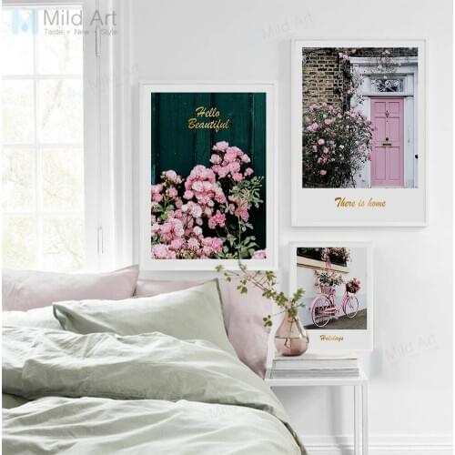 Romatic Pink Flowers Garden Bicycle Posters Prints Scandinavian Girls Room Wall Art Pictures Home Decor Canvas Painting Custom
