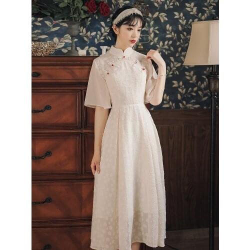 Summer New Womens Chinese Style Retro Literature And Art Hanfu White Dress Jacquard Girl Style Cheongsam Mid-Length Dress
