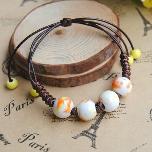 New Girls Chinese Style Ceramics bead Bracelet Women Vintage Braided Leather Beads Bracelet Female Lucky Jewelry Party Gift