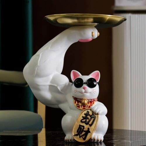 Resin Muscle Arm Golden Lucky Cat Ornaments Cute Animal Storage Tray Living Room Decoration Modern Home Decoration Accessories