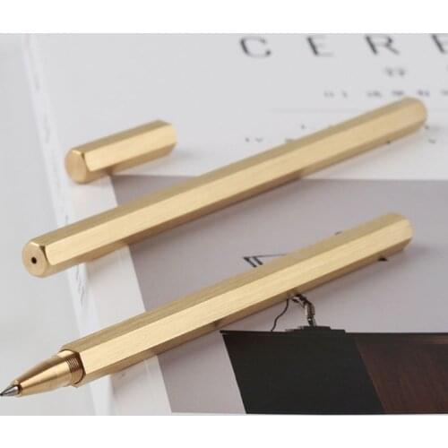 Hexagon 0.5mm Gel ink Pen Handmade Brass Liquid ink Roller ball Pen Classic T3LB