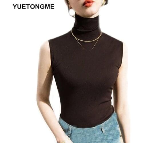 Turtleneck 2021 Summer Top Sleeveless Women Sexy Basic T Shirt brown Black Tank Top Casual