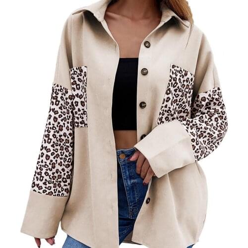 Oversize Blouses 2021 Fashion Leopard Patchwork Women Shirt Turn-down Collar Long Long Sleeve Pockets Autumn Shirt Blouse Tops