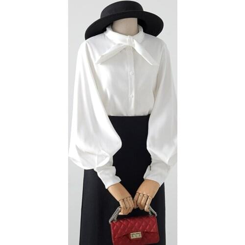 Bow Neck Women Shirts Spring New 2021 Lantern Sleeved Loose Solid Casual All Match Female Outwear Coats Tops