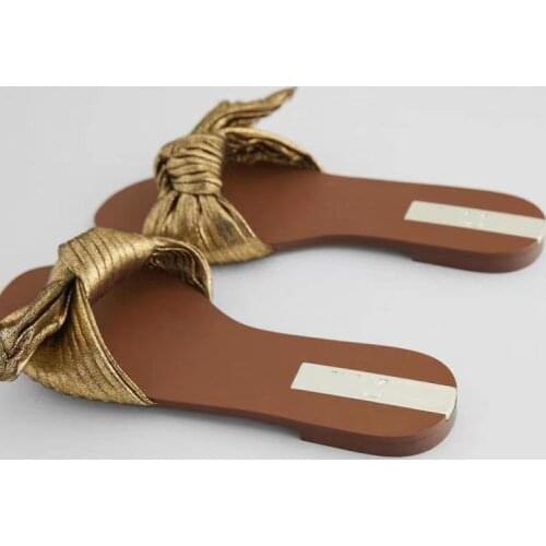 ZAR Women Flat Sandals Summer 2021 New Fashion Golden Round Toe Bow Sexy Outer Wear Sandals And Slippers Women Beach Luxury Hot