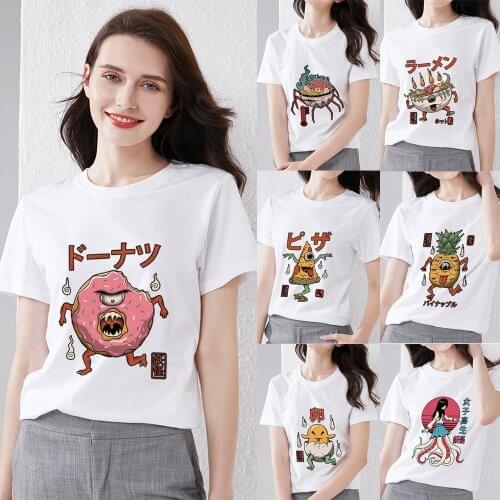 Womens Summer Top Casual Cute Monster Pattern Printing Series Basic T-shirt Round Neck Slim Vogue Ladies Commuter White Shirt