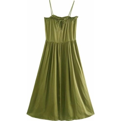 2021 Womens Fashion Casual ArmyGreen Sling Dress Bandage Decorate Silk Texture Loose Sleeveless Vintage Female Dress