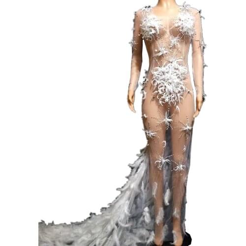 Sparkly Rhinestone Feather Dress Mesh Perspective Women Big Floor Tail Dress Prom Birthday Celebrate Outfit Stage Show Wear