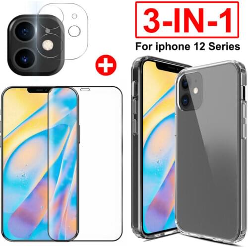 3pcs/set Clear Silicone TPU Case + Camera Lens Glass Film + Tempered Glass Screen Protector for Iphone 12 Mini Pro Max Covers