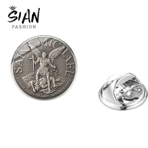 SIAN Archangel St.Michael Protect Me Saint Shield Brooch Amulet Protection Symbol Glass Dome Stainless Steel Brooches Lapel Pins
