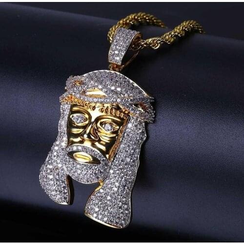 Hip Hop Micro Paved Cubic Zirconia Bling Iced Out Jesus Piece Pendants Necklace for Men Rapper Jewelry Gold Color