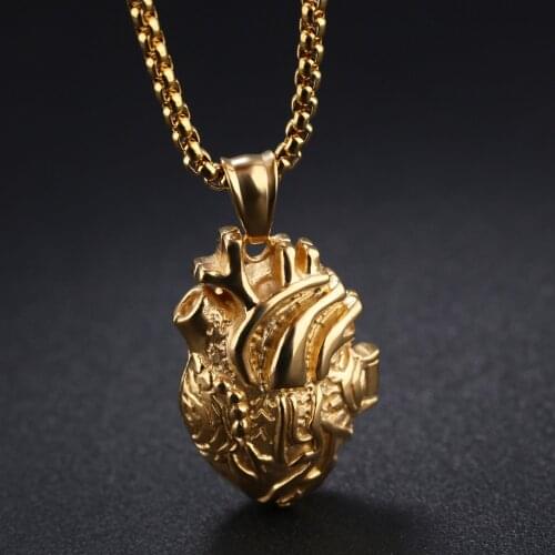 Strong Cool 316L Stainless Steel Gold Color Anatomical Open Heart New Design Pendant Necklace Mens Womens Jewelry Box Chain Gift