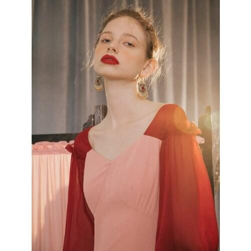 French Holiday Girl Literature and Art Minority Waist Chiffon Dress Red Dress Fairy Beach Skirt