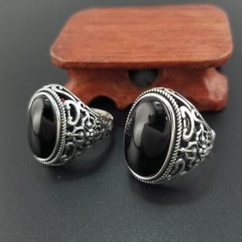 S925 Sterling Silver color Mens Ring Vintage Punk Style Black Onyx Natural Stone Hollow Design Women Fine Jewelry Birthday Gifts