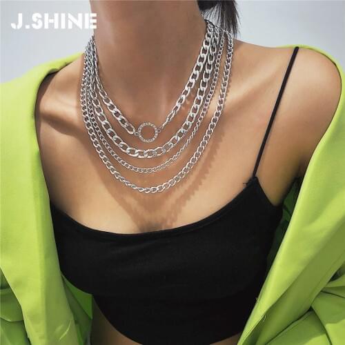JShine Exaggerated Chunky Chain Choker Necklace Collar Statement Punk Multi-Layered Crystal Circle Pendant Chain Necklace Women