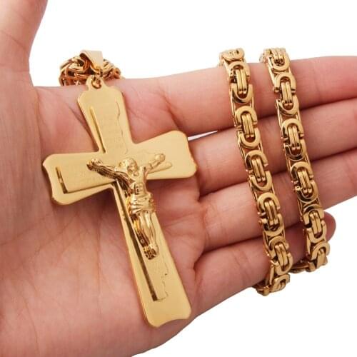 Christian 316L Stainless Steel Gold Color 3 Layers Cross Jesus Crusifix Jewelry Mens Pendant Necklace Byzantine Chain 18"-40"