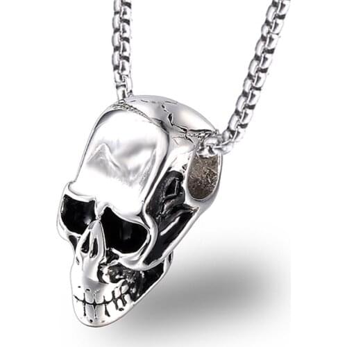 RIR Stainless Steel Silver Color Skull Head Pendant Necklace Mens Punk Gothic Skeleton Pendant With Chain Fashion Jewelry Gifts