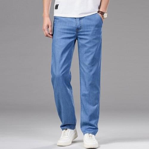 Fashion Ice Silk Jeans Mens Loose Straight Casual Long Pants Mens Summer Thin Blue Denim Trousers