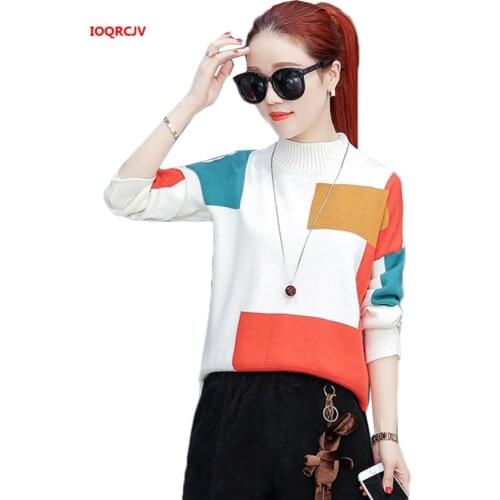 Fashion Patckwork Sweater Women Pullovers Jumper Long Sleeve Thick Winter Half Turtleneck Loose Knit Sweaters Pull Femme W1121