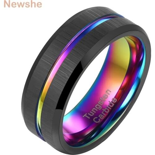 Newshe Charm Mens Tungsten Carbide Ring 8mm Black Wedding Band Rainbow Intermediate Groove Size 7-13
