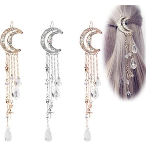 New Fashion Crystal Rhinestone Moon Tassel Hairpin Five-pointed Star Pendant Hair Accessories