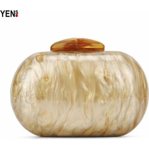 New Brand Fashion Wallet Women Acrylic Cute Round Luxury Marble Solid Brown Evening Handbags Party Wedding Vintage Casual Clutch