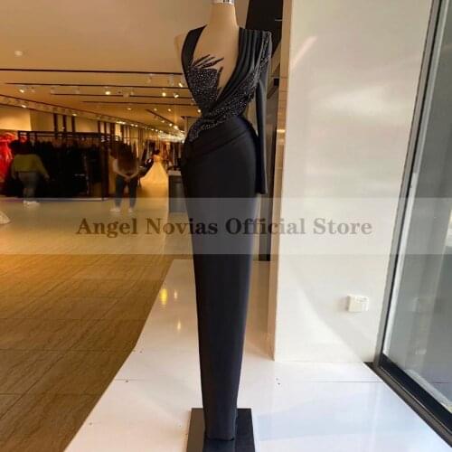 Formal Womens Long Sleeves Black Evening Dress with Pearls Beads Formal Party Gowns 2021 Vestidos De Noche