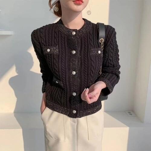 Women Knitted Bead Sweater Cardigans Pockets Button Long Sleeve Girl Cardigans Autumn Elegant Single Breasted Ladies Sweaters