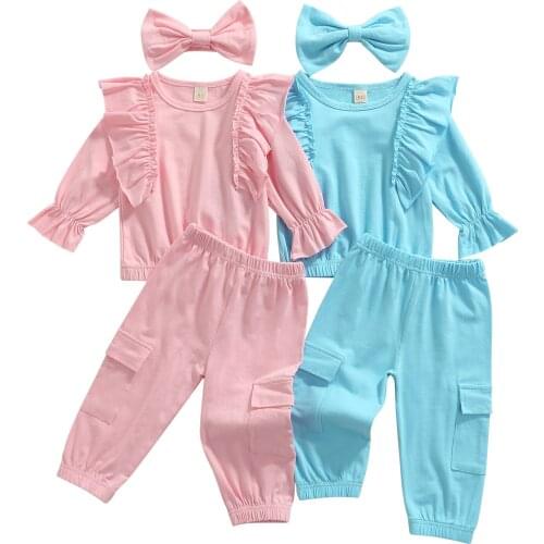 Citgeett Autumn Solid Kids Infant Girls Outfits Long Sleeve Ruffle Pullover + Trousers Pockets + Bowknot Headband Spring Clothes