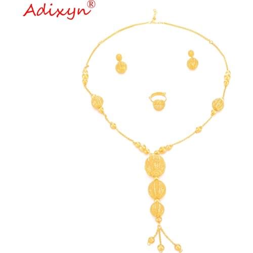 Adixyn India Jewelry Set for Women 24K Gold Color Ball Earrings Necklace Ring Sets Anniversary Gifts N1021H5