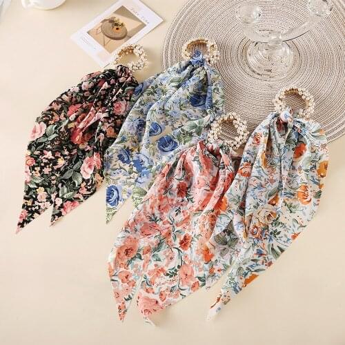 Pearl Hair Tie Headband Streamers Retro Variety Printing Elastic Bow Hair Rope Girls Hair Ties Sweet Hair Accessories Headwear