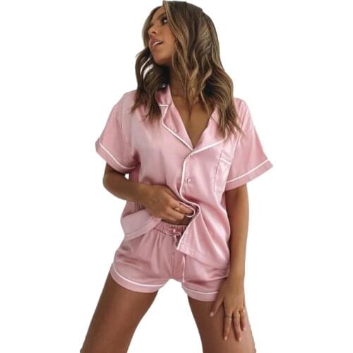Summer Silk Pajamas For Women Sexy Sleepwear Sets Casual Short Sleeve Tops+Shorts Solid Color Comfortable Homewear Pyjamas Mujer