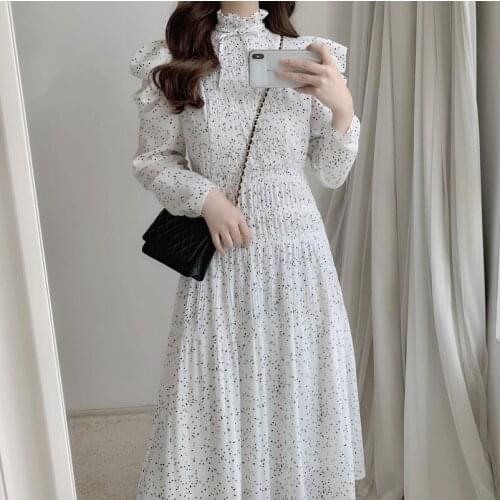 Vintage Court Style French Print Temperament Dress Women High Waist Hip A Line Draped Vestido Stand Collar Puff Long Sleeve Robe
