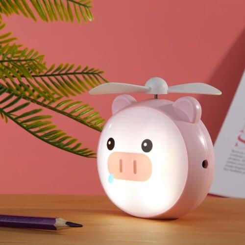 Office Quiet Collapsible Desk Fans 1pc Portable Mini Cartoon Cat Pig Hand-Held Cooling Fan USB Electric LED Light