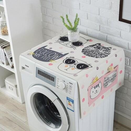 Cartoon Linen Dual-Use Refrigerator Washing Machine Dust Cover with Buggy Bag for Home Protector