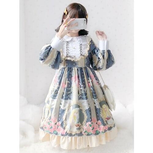 Princess daily sweet lolita dress peter pan collar retro lace bowknot cute printing victorian dress kawaii girl gothic lolita op