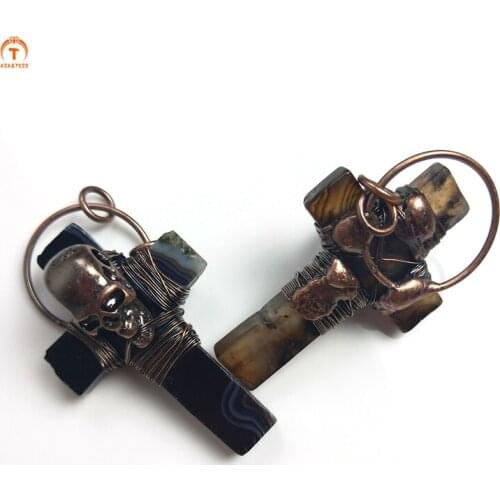 Ghost Skull Wire Wrapped Cross Agate Pendant Jewelry Natural Gemstone Religion Pendant Cross Skull Charm Gothic Pendant Necklace