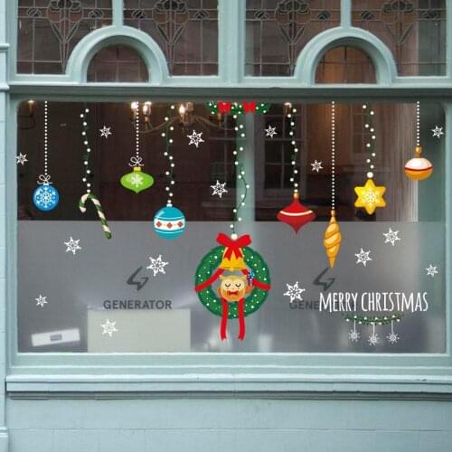 Merry Christmas Balls Bells Evergreen Garland Wall Stickers For Home Decor Xmas Festival Wall Mural Art Diy Window Decals